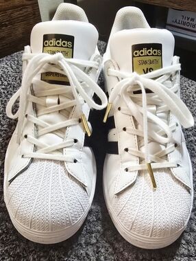 Adidas Superstar “Superstan” White Black Gold Lace Tips Sneakers Mens 6